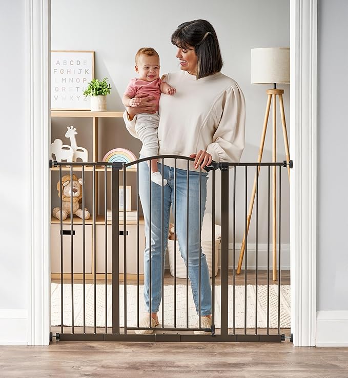 Regalo Home Accents Extra Wide Walk Thru Baby Gate, Includes Décor Hardwood, 4-Inch Extension Kit, 4-Inch Extension Kit, 4 Pack of Pressure Mount Kit and 4 Pack of Wall Cups and Mounting Kit