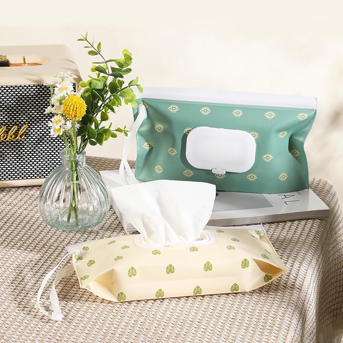 FEBSNOW 2 Pack Baby Wipes Dispenser, Portable Refillable Wipe Holder Baby Wipes Container Travel Wipes Case Reusable Boho Wet Wipes Pouch