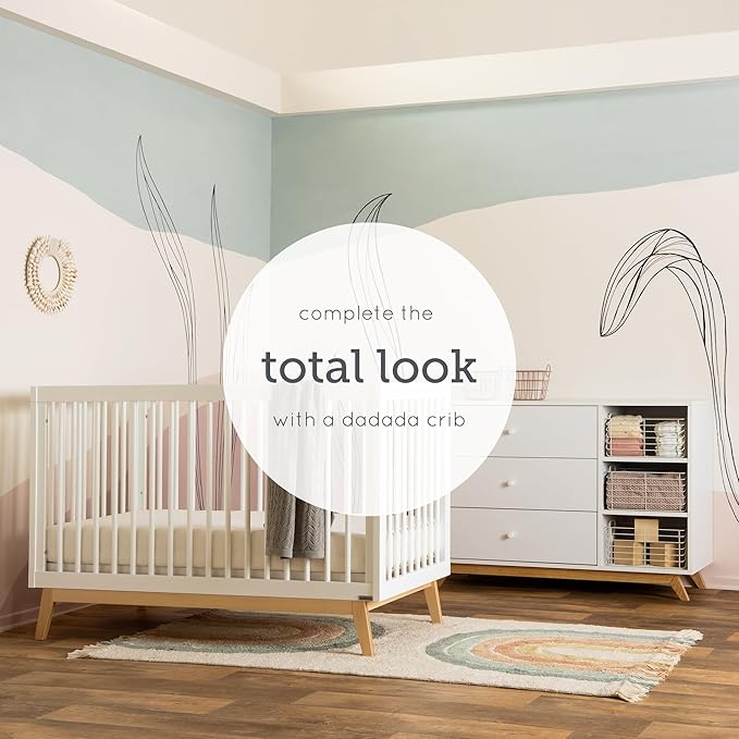 dadada Central Park 3-Drawer Dresser with Open Shelving - Modern Design, Baby-Safe Finish, Forged Steel Support, Sturdy Wood Legs, for Nursery, Kids or Teen Room, 47” Wide (White+Natural)