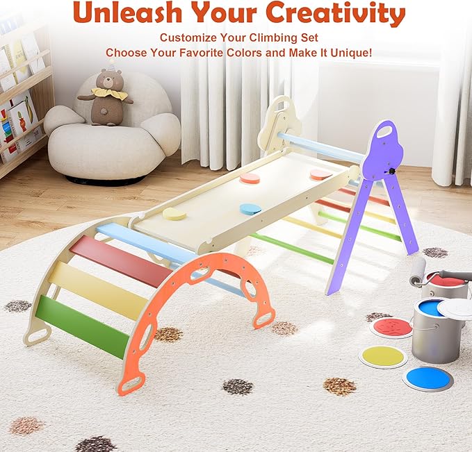 Pikler Triangle Set 7in1 Toddler Climbing Toys Indoor Foldable Baby Climbing Toys Wooden Montessori Climbing Set with Arch, Ramp, Ladder for 1-3 Years, Jungle Gym for Kids