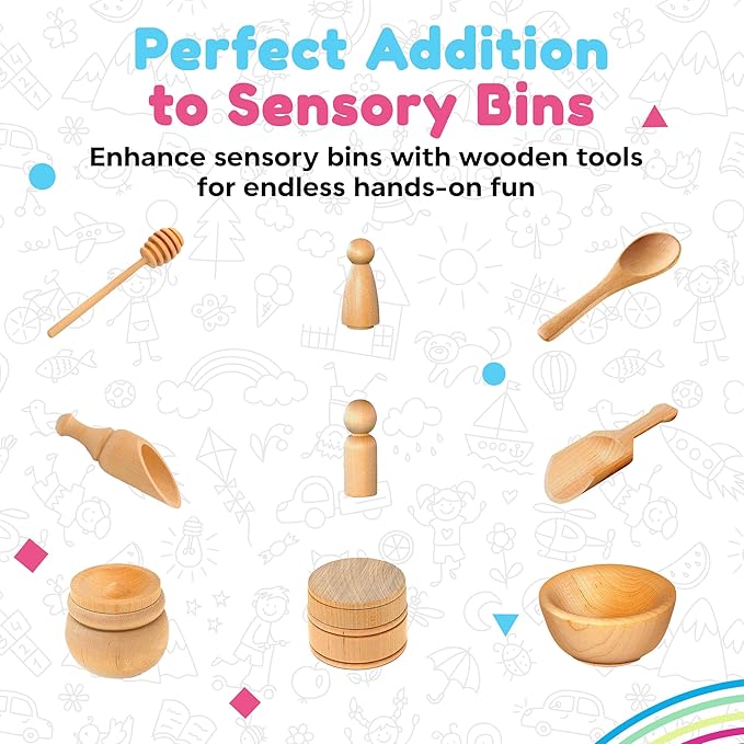 Wooden Tool Set for Sensory Bin (10 Piece), Child-Sized Montessori Sensory Toys for Developing Fine Motor Skills, Smooth Wooden Toys, Bin Scoops and Tools