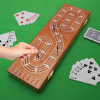 Cribbage Board Game Set 3 Tracks, Plusvivo Solid Oak Wood Cribbage Boards Unique with 9 Metal Pegs & 2 Storage Area, 15.5 X 4.9 X 1.2 in Travel Portable Cribbage Game Sets for Family