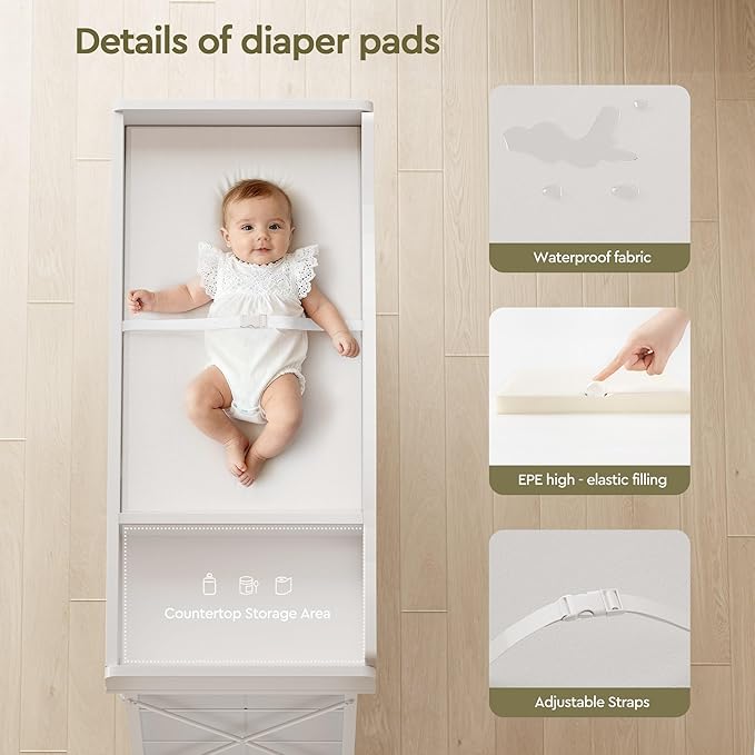 Baby Changing Table with 9 Fabric Drawers, Waterproof Diaper Changing Station & Pad, Mobile Nursery Diaper Changing Table, Baby Furniture, Bedroom, White