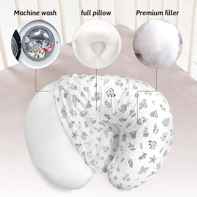LAT Nursing Pillow for Breastfeeding,100% Cotton Removable Cover,Ergonomic Breast Feeding Pillows for Mom and Baby,Machine Washable(Plant)