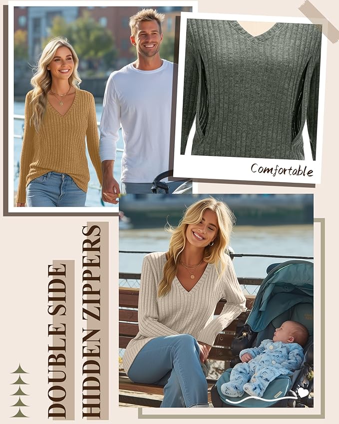 3 Pack Women's Maternity Nursing Tops, V Neck Breastfeeding Sweaters Long Sleeve Hidden Zipper Shirts