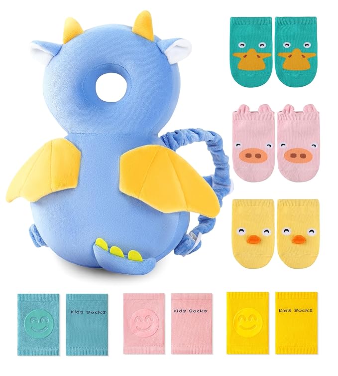 JunNeng Toddler Baby Head Protector Backpack for Toddler Walker with Knee Pads&Anti-Slip Socks, Dinosaur