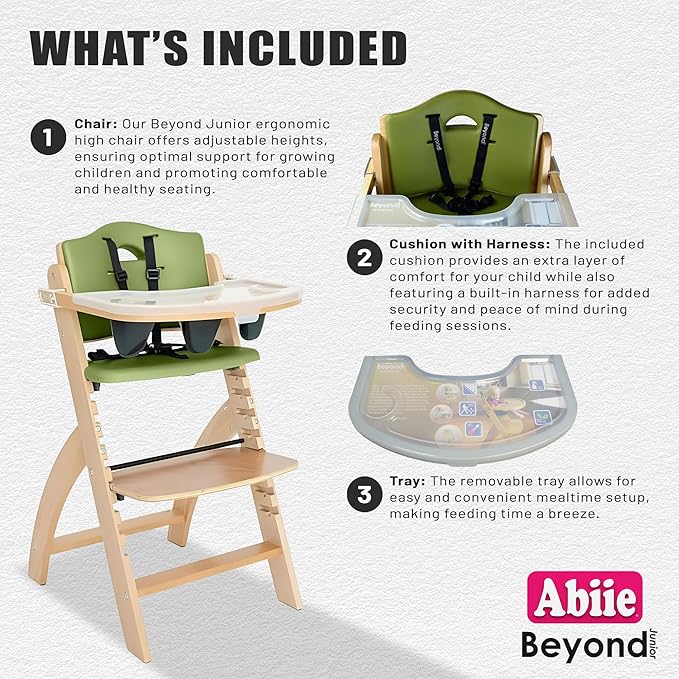 Abiie Beyond Junior Wooden High Chair with Tray - Adjustable and Convertible High Chair for Babies and Toddlers - 6 Months to 250 Lb - Water Resistant - Natural Wood/Olive Cushion