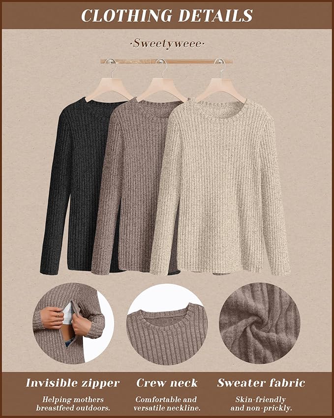 3 Pack Women's Nursing Long Sleeve Tops Breastfeeding Thermal Sweaters with Hidden Zipper Maternity Ribbed Shirts