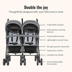 Dream On Me Volgo Twin Umbrella Stroller in Gray, Lightweight Double Stroller for Infant & Toddler, Compact Easy Fold, Large Storage Basket, Large and Adjustable Canopy