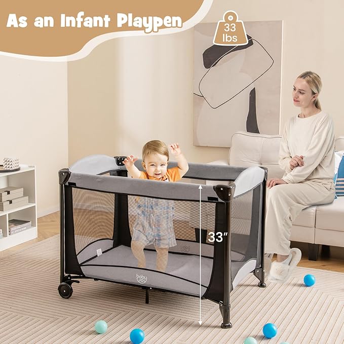 BABY JOY 4 in 1 Pack and Play, Portable Baby Playard with Bassinet & Diaper Changing Table, Infant Bassinet Baby Crib Activity Center with Toys & Oxford Bag from Newborn to Toddlers (Dark, Classic)
