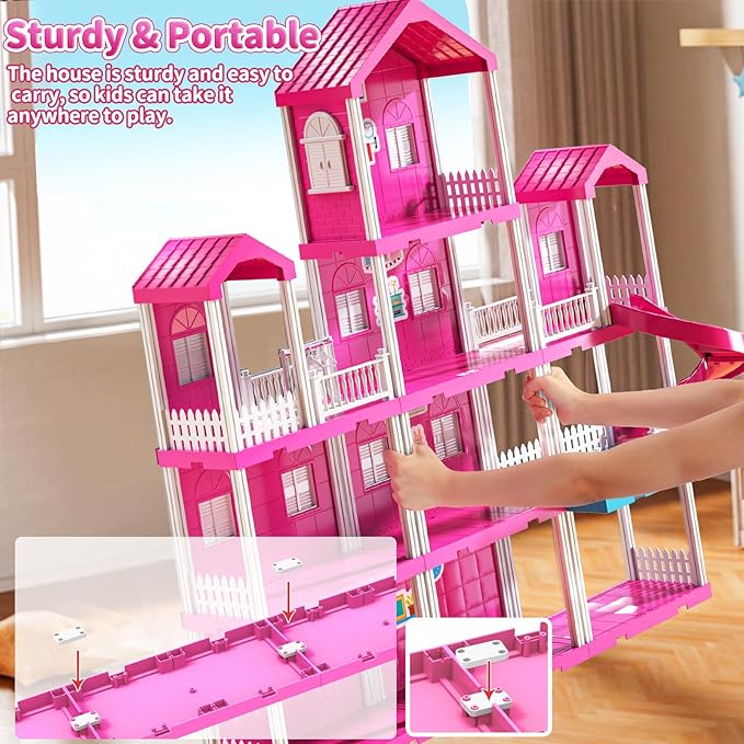 Pink Girl House Playset for Kids 3 4 5 6 7 8 Years Old - Villa Girl Toys with 4 Storeys 10-Room and 2 Dolls, Furniture Accessories, Pretend Play Indoor Toddler Toys Birthday Gifts for 3-5 6-8