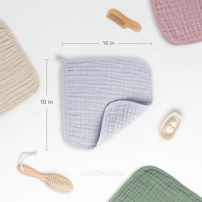 Comfy Cubs Muslin Baby Washcloths 6 Pack - Soft 6-Layer Cotton Wash Cloths for Sensitive Skin - 10"x10" Large, Gentle, Absorbent Infant Essentials for Newborn and Toddlers - Slate