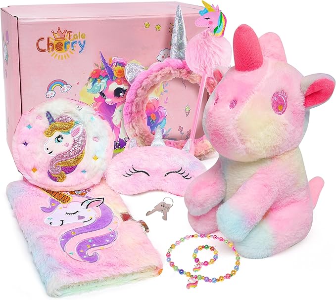 Cherry Tale Unicorn Gifts for Girls Age 6-8, Kids Unicorn Toys Set with Plush Diary Headband Eye Mask Christmas Birthday Gifts for Little Girls Age 4 5 6 7 8 9 10