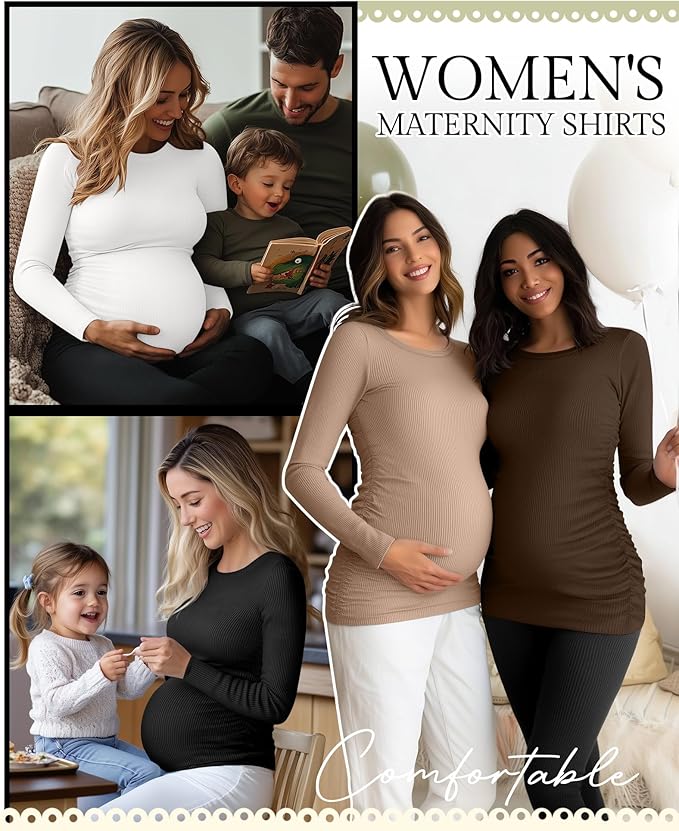 Ficerd 4 Pack Women's Maternity Shirts Cotton Long Sleeve Ribbed Crew Neck Pregnancy Tops Side Ruched Casual Mama Clothes