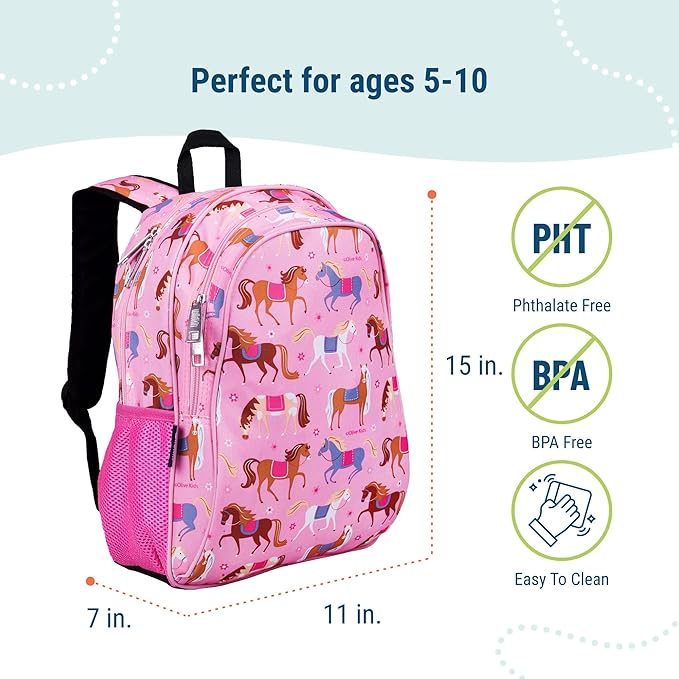 Wildkin 15-inch Kids Backpack – Durable, Padded, Adjustable for School & Travel - Horses