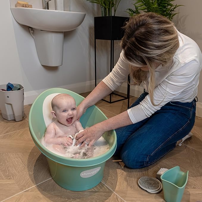 Shnuggle Newborn Baby Bath | Built in Support Bump and Soft Backrest | Suitable from Newborn | Bath Seat Support Includes Plug | Eucalyptus Green