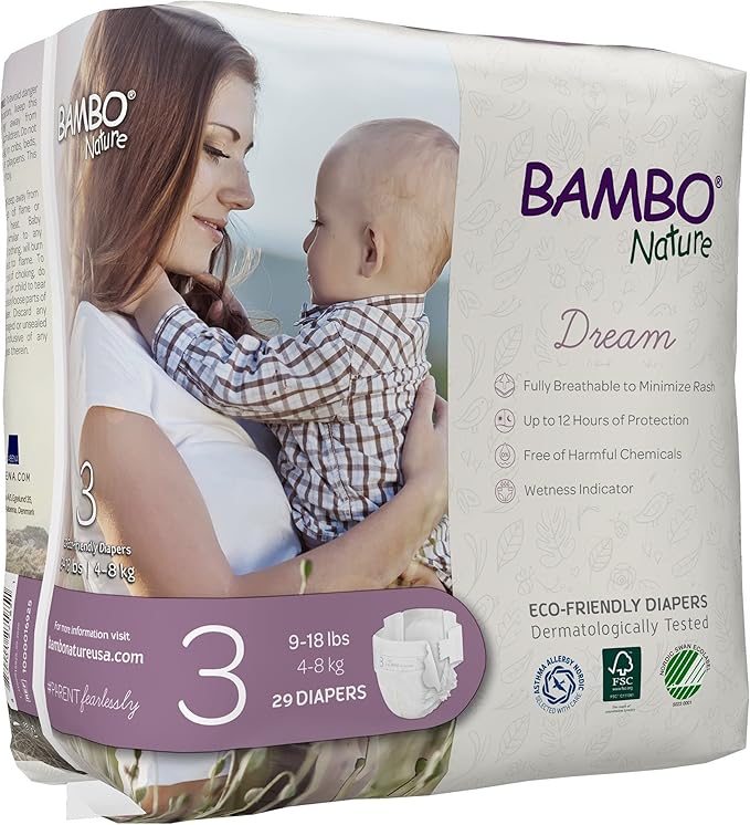 Bambo Nature Hypoallergenic Dream Baby Diapers, Premium Eco-Labeled Sustainable Diapers, Enhanced Leakage Protection, Totally Chlorine-free, Skin Friendly, and Super Absorbent - Size 3 (87 Count)