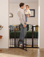 Babelio Upgraded Baby Gate with Cat Door, 29-43" Auto Close Durable Dog Gate for Stairs, Doorways and House, Easy Walk Thru Safety Gate with Pet Door Includes 4 Wall Cups, Black