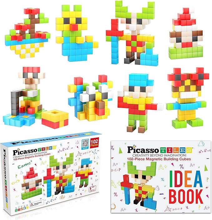 PicassoTiles 102pcs Pixel Magnetic Puzzle Cube 1” Pixel Mix & Match Toys with Ideabook STEM Education Learning Building Block Magnets Construction ToySet Stacking Creative Kit for Kids Age 3+ PMC102