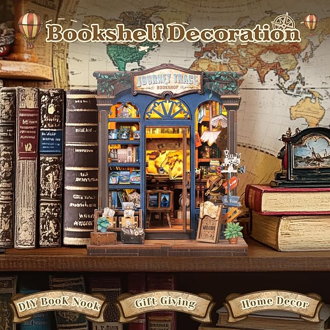 CUTEBEE Book Nook Kit - DIY Miniature House Dollhouse Kit for Adults and Teens, Booknook Tiny House Bookshelf Decor 3D Wooden Puzzle, Gifts for Family, Friends (Journey Trace Bookshop)