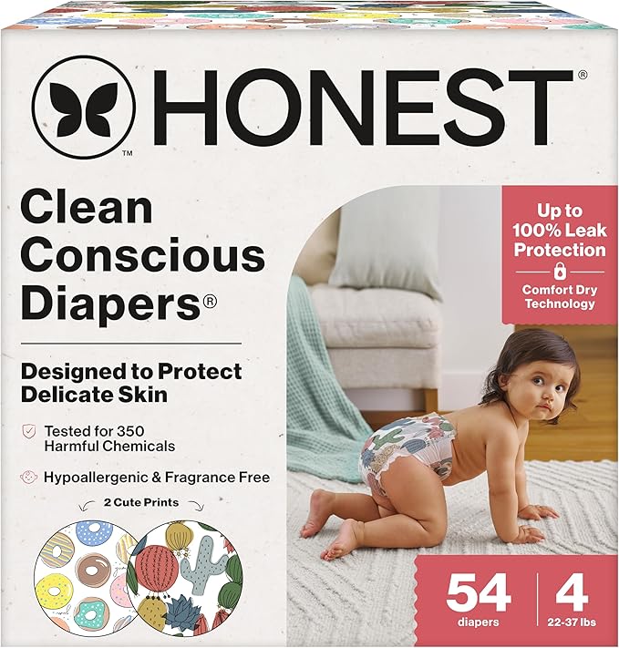 The Honest Company Clean Conscious Diapers for Delicate Skin | Up to 100% Leakproof | Hypoallergenic, Fragrance Free | Gender Neutral | Club Box, Size 4 (22-37 lbs), 54 Count (Prints May Vary)