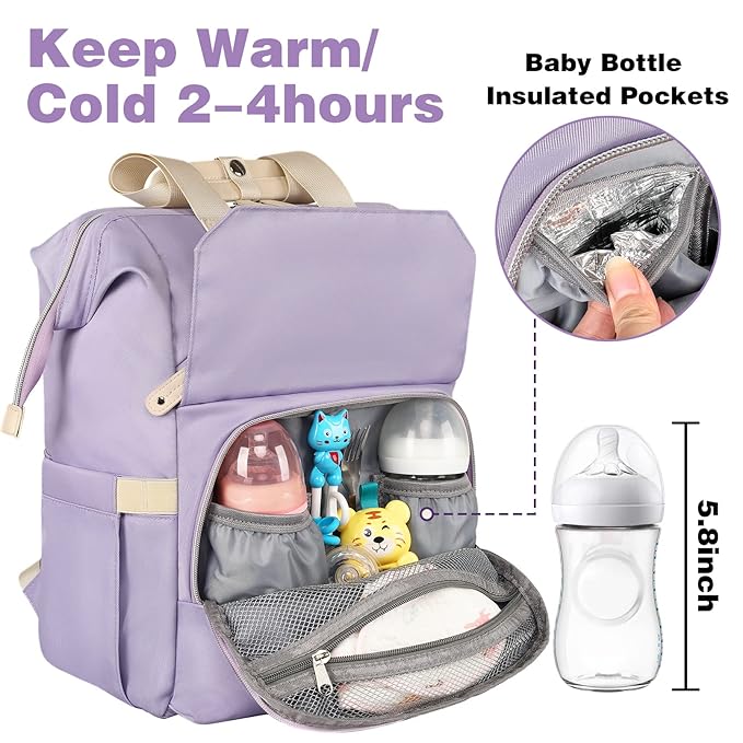 Jiefeike Diaper Bag Backpack,Purple Travel Backpack for Dad Mom Boys Girls,Insulated Pockets Portable Baby Nappy Bags with USB Charging Port,RFID Anti-Theft Water-Resistant Pocket Stroller Straps
