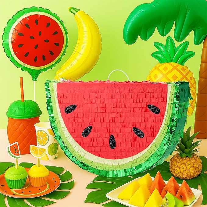 WERNNSAI Watermelon Piñata - Fruit Theme Summer Birthday Party Decorations Kids Fruit Pinata with Blindfold and Bat for Summer Tropical Party Supplies Fiestas Carnival Game