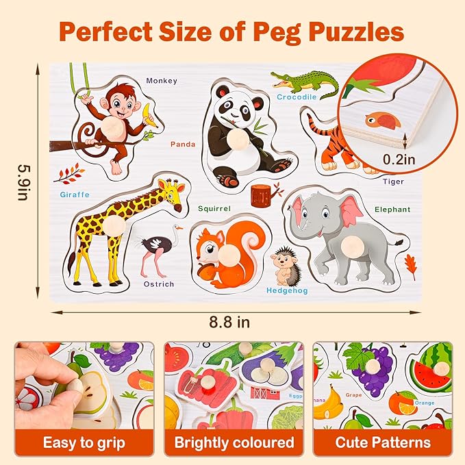Wooden Peg Puzzles for Toddlers 1-3, 6 PCS Puzzles for Kids, Montessori Toddler Numbers, Vegetables, Fruits, Insects, Sea and Animals Puzzles, Great Preschool Gifts for Girls and Boys