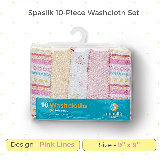 Spasilk Washcloths for Newborn Boys and Girls, Soft Terry Baby Washcloths, Baby Essentials, Ideal, Pink Lines, Pack of 10