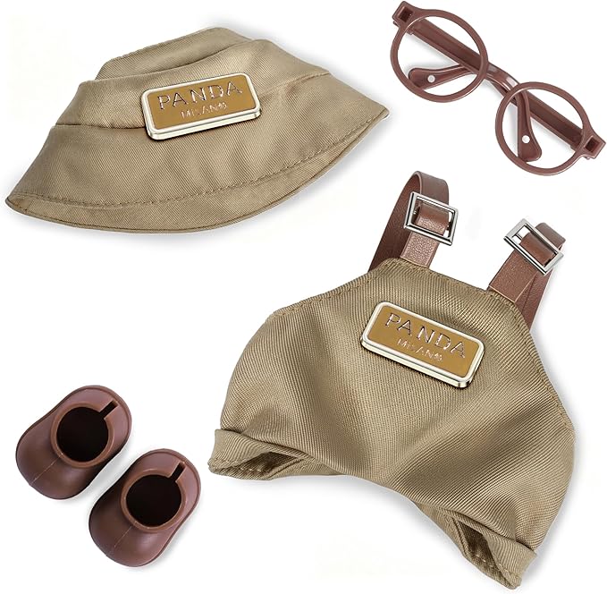 6.7in/17cm Doll Clothes Set, 4 PCS Fashion Outfit Includes Hat, Bib Pants, Glasses, Shoes, Cute Collectible Doll Accessories Unique Style (Khaki)