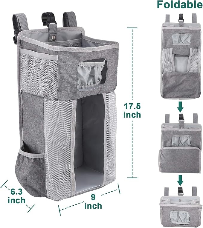 Accmor Hanging Baby Diaper Caddy Organizer, Diaper Stacker, Baby Crib Hanging Classified Storage Bag Organizer for Changing Table, Crib, Playard or Wall & Nursery Organization, Grey