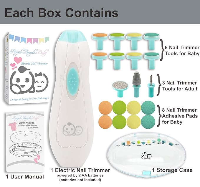 Baby Nail Trimmer 21 in 1, Usage Labeled Case & 13 Extra Replacement Tools, Royal Angels Baby Electric Nail File, Baby Nail Care, Nail Clipper Newborn Toddler Toes & Fingernails Nail Kit (Green)