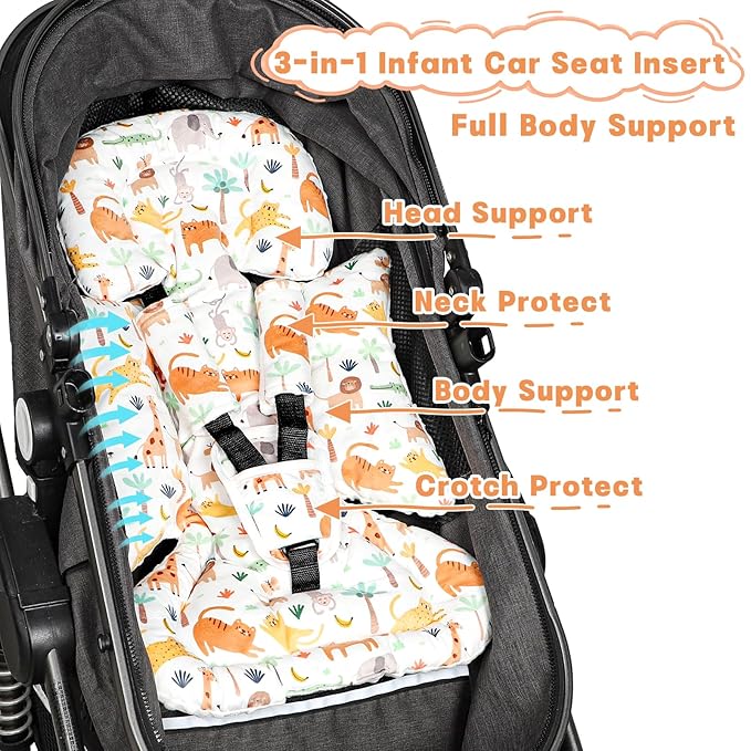 Infant Car Seat Insert, Soft Baby Car Seat Head & Body Support for Girl Boy, Reversible Newborn Preemie Carseat Insert Cushion with 3 Straps Pads Fits CarSeat, Stroller, Swing, Bouncer, Animals