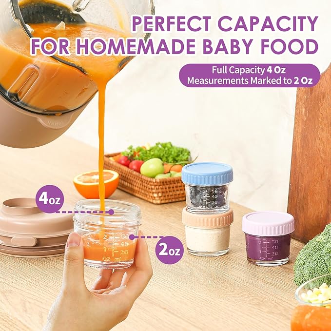 DRKIO 12 Pack Glass Baby Food Storage Containers - 4 Oz Baby Food Jars with Lids Baby Food Maker Microwave Dishwasher Freezer Safe 100% Leak Proof BPA Free Reusable