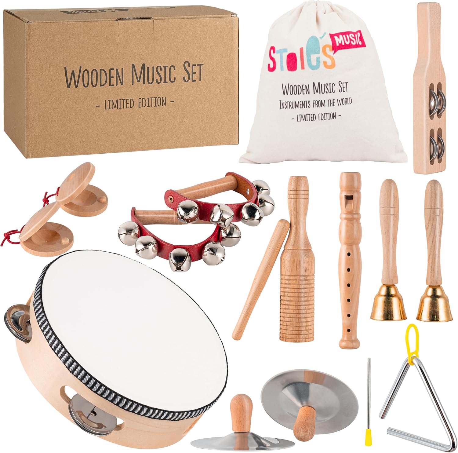 Stoie's Wooden Kids Musical Instruments for 3-9 Years Old, with Drum, Flute, Hand Bells, Cymbals, Castanets, Triangle, for Babies and Toddlers, Durable, Safe, Montessori Educational Toy, Storage Bag