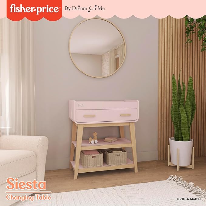 Fisher Price by Dream On Me Baby Changing Table, Blush Pink – Greenguard Gold & JPMA Certified, Wooden Nursery Dresser with Storage Shelves – Compact, Sturdy & Easy-to-Clean Design
