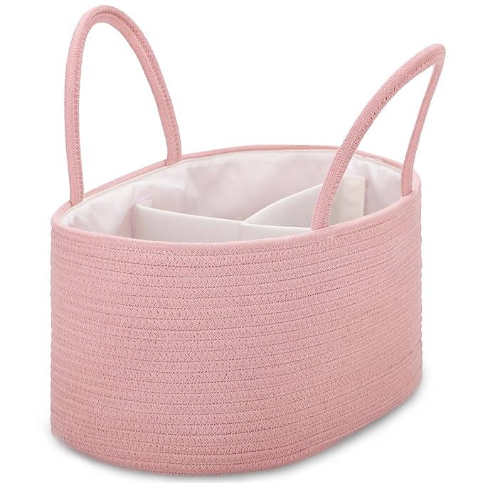 COMSE Large Baby Diaper Caddy Organizer for Girl Boy, Car Caddy with Handles, Cotton Rope Basket for Changing Table, Nursery Organizer, Gift for Baby Shower and Registry Must Have, Dusty Pink