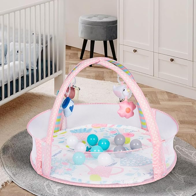 Baby Play Mat, 4-in-1 Baby Play Gym Tummy Time Mat with Ball Pit and 5 Detachable Toys for Newborn to Develop Sensory Exploration and Motor Skill 0-6-12 Months