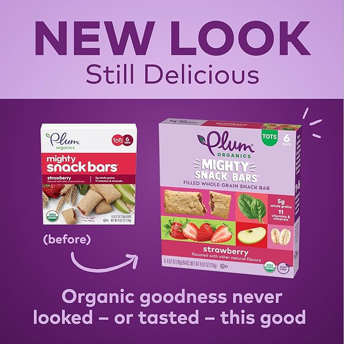 Plum Organics Mighty Snack Bars - Strawberry - 0.67 oz Bars (Pack of 12) - Organic Fruit and Vegetable Toddler Food Snack Bars