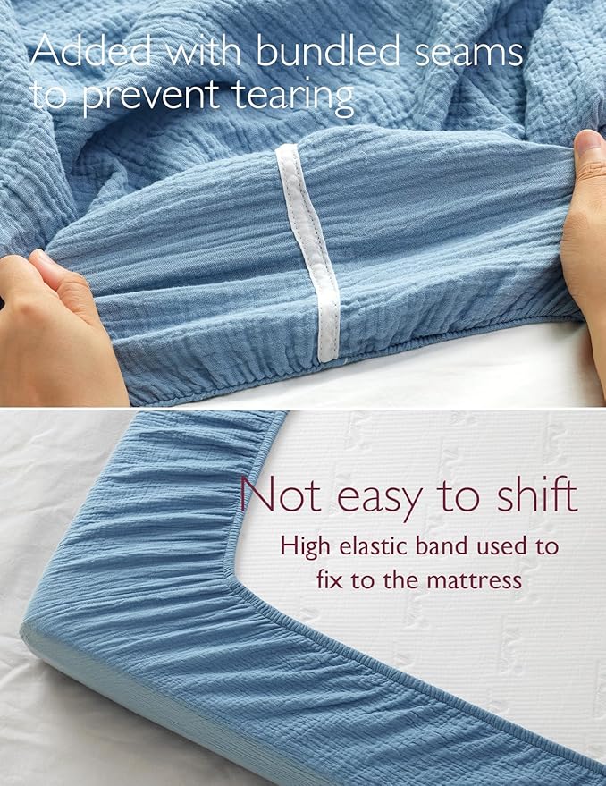 Momcozy Muslin Mini Crib Sheets Fitted - 38''x26'' Pack and Play Sheets for Pack N Play Mattress, 2 Pack Soft & Breathable Natural Cotton Non Slip Bed Cover for Boys, Girls, Grey Blue