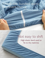 Momcozy Muslin Mini Crib Sheets Fitted - 38''x26'' Pack and Play Sheets for Pack N Play Mattress, 2 Pack Soft & Breathable Natural Cotton Non Slip Bed Cover for Boys, Girls, Grey Blue