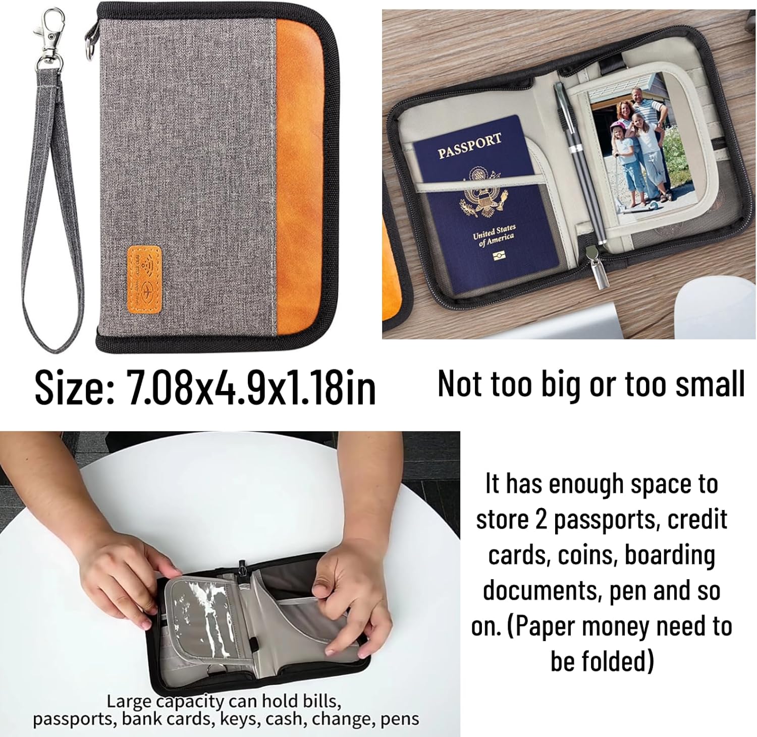 Passport Holder for Famliy Travel Wallet Passport Wallet Document Organizer RFID Blocking with Zipper Clutch Bag Flight Ticket Credit Cards Men Women(Grey)