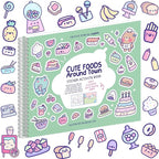 Girly Sticker Book Activity for Kids, Cute Foods Around Town by Cupkin, Toddler Airplane Travel Essentials, 500+ Stickers for Kids 12 Scenes + Coloring Book Pages, Crafts Ages 2-8