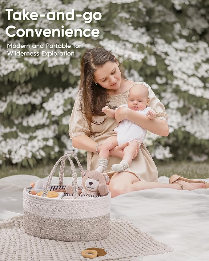 Maliton Extra Large Diaper Caddy Organizer, Cotton Rope Nursery Basket, Portable Organizer for Changing Table, Car, Diaper Storage for Baby Stuff for Newborn