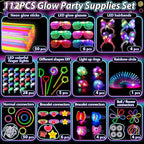 112PCS Glow in the Dark Party Supplies for Kids Adults, Light Up Party Favors with Light Up Glasses, 50 Glow Sticks Bulk Pack for DIY Bracelets Necklaces, Neon Party Supplie Decorations for Hallowee