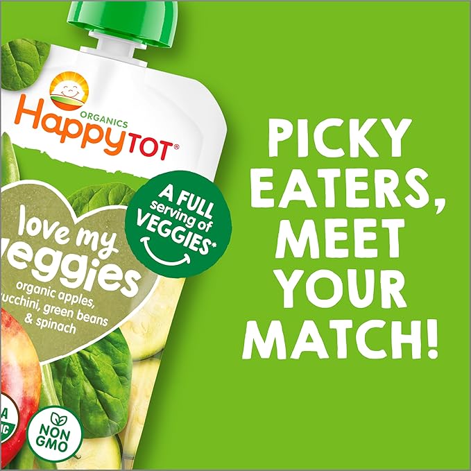 HAPPYTOT Organics Stage 4 Baby Food Pouches,Gluten Free, Vegan Snack, Love My Veggies, Fruit & Veggies Puree, Apples, Zucchini, Green Beans & Spinach 4.22 oz Pouch (Pack of 16)