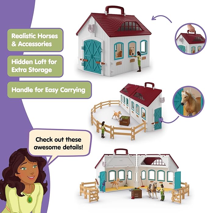 schleich Horse Club - 60PC Little Horseshoe Open Stable Playset - With 2 Horse Figurines, Action Figure, Stable and Accessories - Toy Horses for Girls and Boys - Kids Ages 5+ | 42703