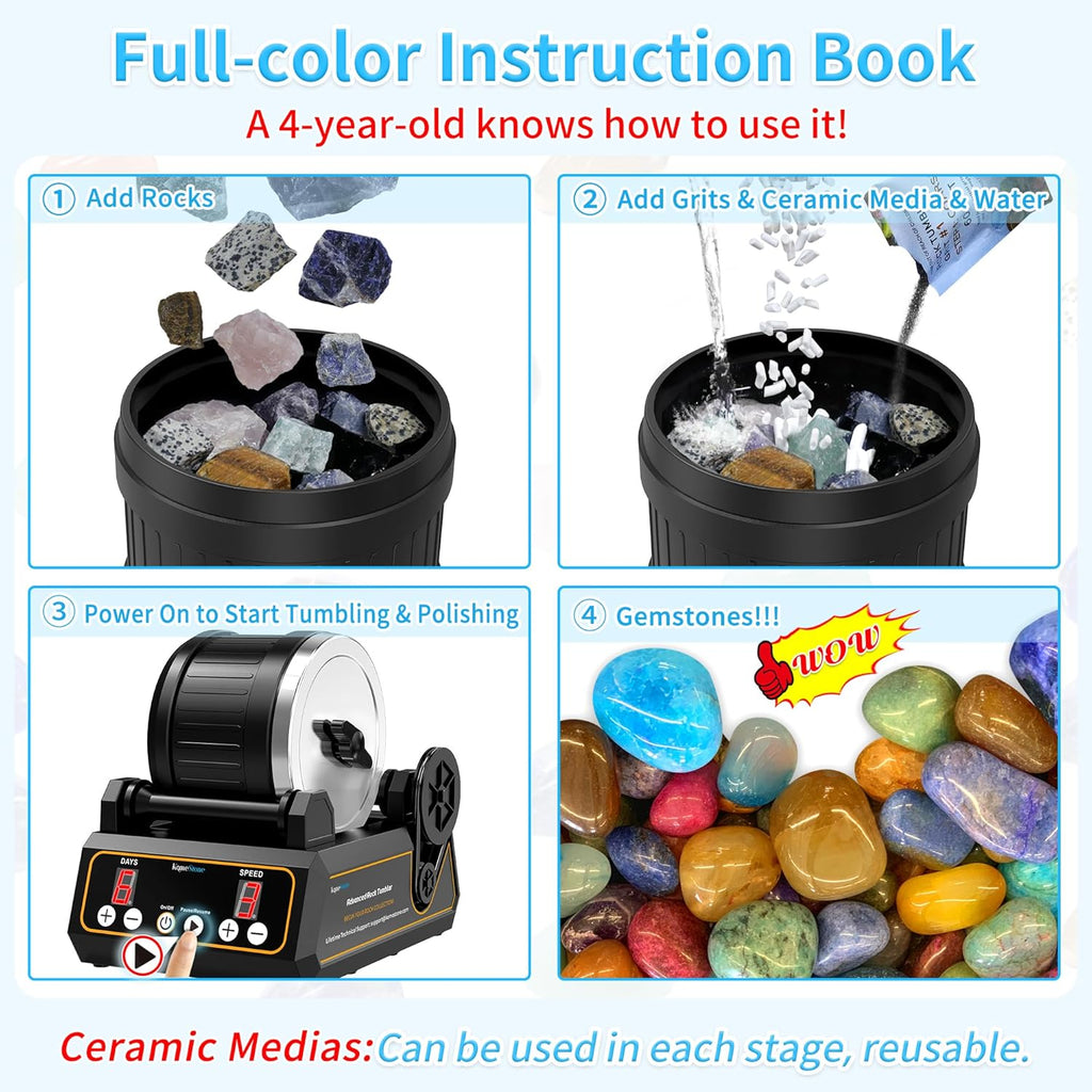 Rock Tumbler Kit, K1 Professional Large 2.5LB Capacity Edition - Memory Function, Digital Timer & Variable Speeds: Create Stunning Gems Full Accessories Included