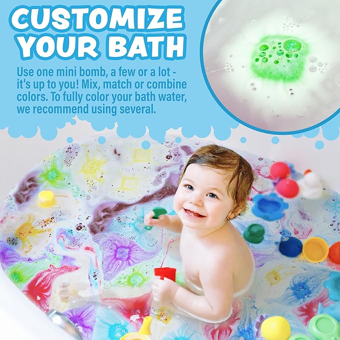 Tub Works® Lil' Bursts™ Mini Bath Bombs for Kids, 90 Count, Rainbow | Nontoxic | Tiny Kids Bath Bombs with A Burst of Color, Foam & Bubbles | Customize Toddler Bath with 7 Colors | Make Bathtub Art
