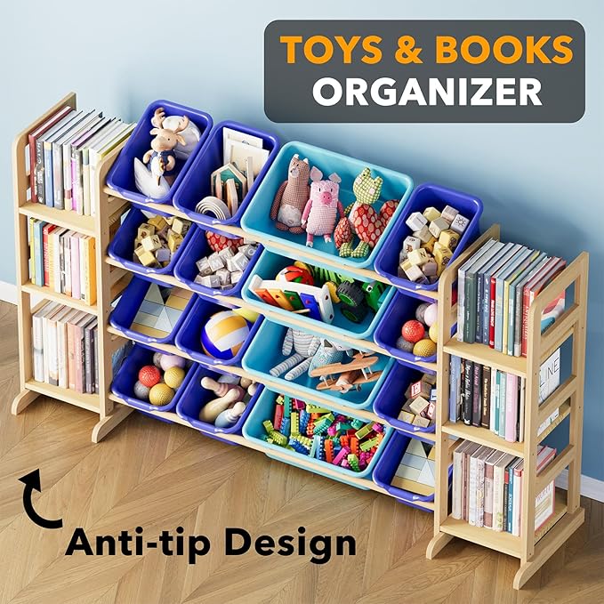 SpaceAid Toy Storage Organizer with 6 Shelves and 16 Bins, Toy Organizers Storage Bookshelf, Kids Bin Shelf Toys Box Bookcase for Bedroom Playroom Organization Room Decor, Blue and Navy Blue